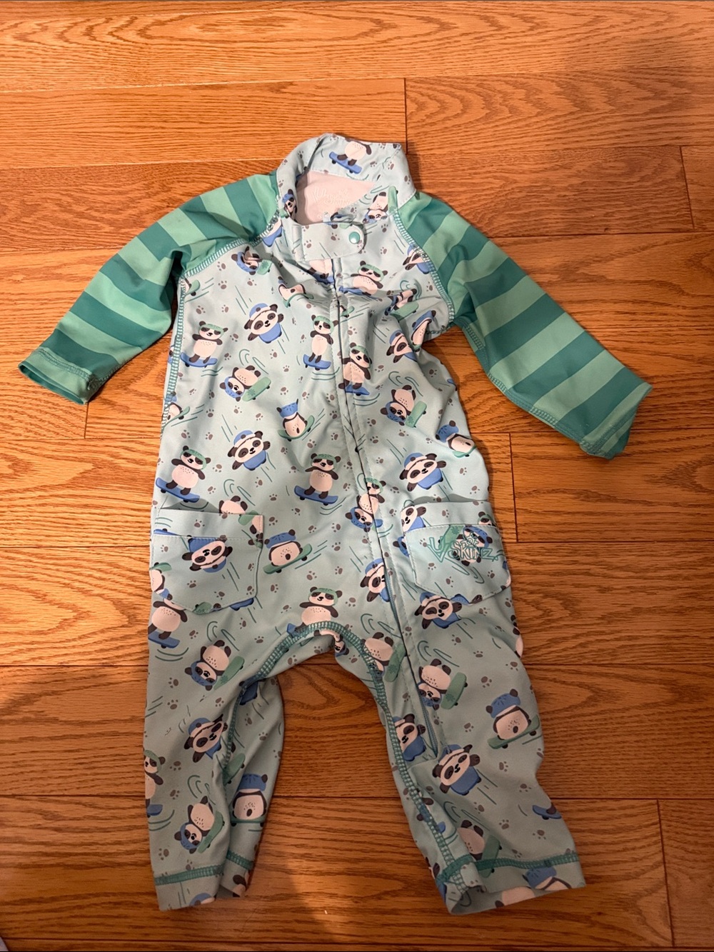 Light Aqua Panda-Print Kids Swim Bodysuit with Striped Sleeves